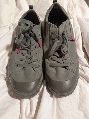 Skechers Olive Green Sneakers with Pink Logo Accent and Soles